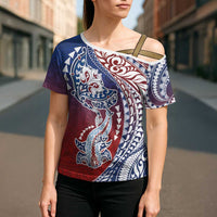 Hawaiian Manta Ray and Hammerhead Shark Tribal Tattoo Cross Shoulder Shirt with Polynesian Tribal Pattern Hawaii Flag Color