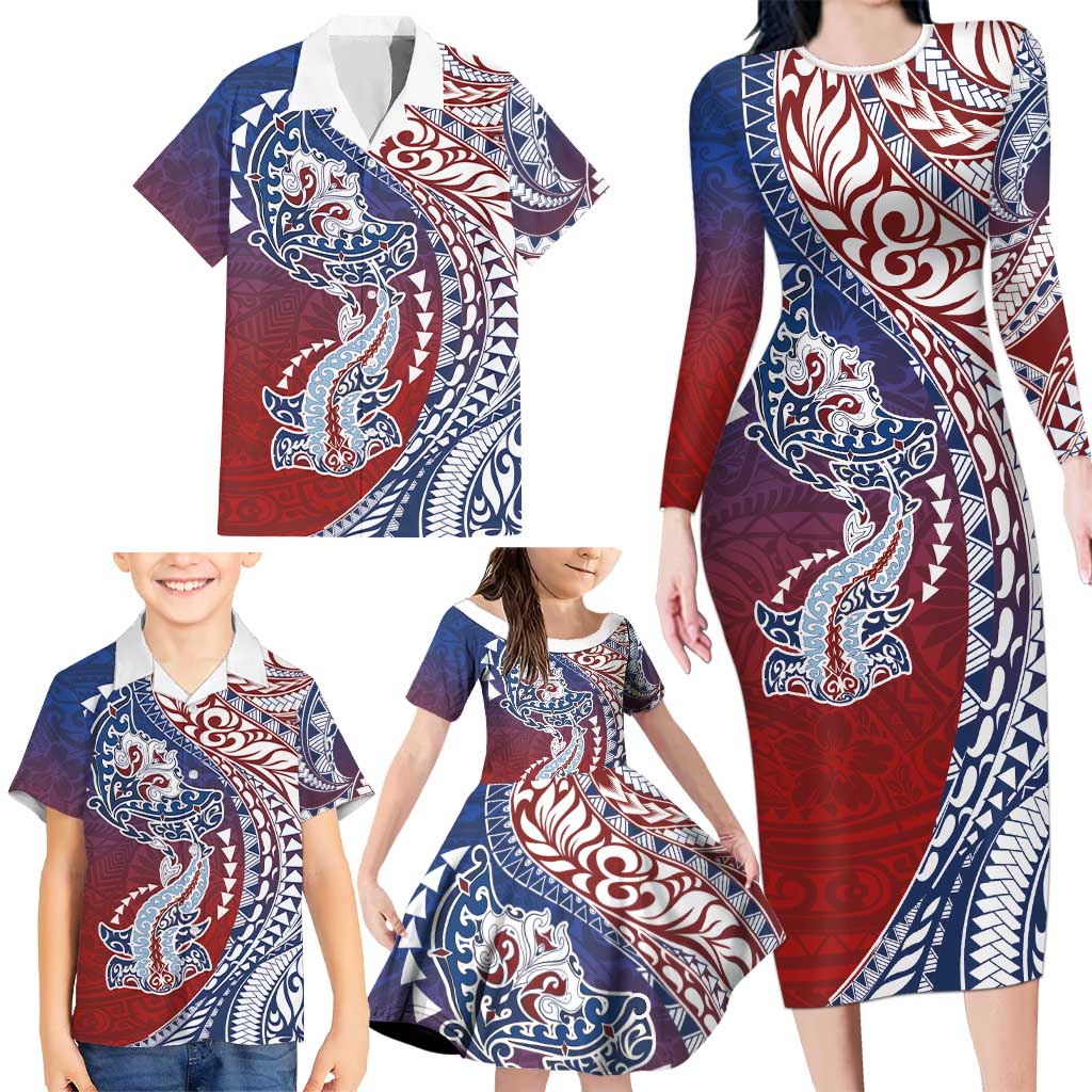 Hawaiian Manta Ray and Hammerhead Shark Tribal Tattoo Family Matching Long Sleeve Bodycon Dress and Hawaiian Shirt with Polynesian Tribal Pattern Hawaii Flag Color LT03 - Polynesian Pride