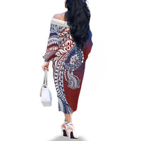 Hawaiian Manta Ray and Hammerhead Shark Tribal Tattoo Family Matching Off The Shoulder Long Sleeve Dress and Hawaiian Shirt with Polynesian Tribal Pattern Hawaii Flag Color LT03 - Polynesian Pride