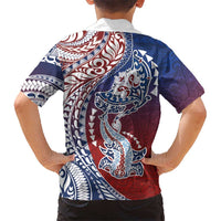Hawaiian Manta Ray and Hammerhead Shark Tribal Tattoo Family Matching Off Shoulder Maxi Dress and Hawaiian Shirt with Polynesian Tribal Pattern Hawaii Flag Color LT03 - Polynesian Pride
