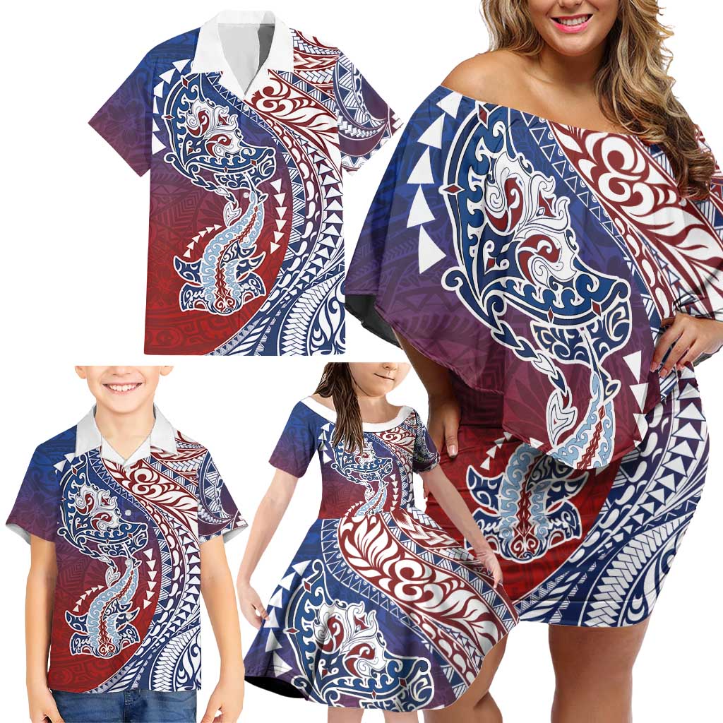 Hawaiian Manta Ray and Hammerhead Shark Tribal Tattoo Family Matching Off Shoulder Short Dress and Hawaiian Shirt with Polynesian Tribal Pattern Hawaii Flag Color