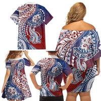 Hawaiian Manta Ray and Hammerhead Shark Tribal Tattoo Family Matching Off Shoulder Short Dress and Hawaiian Shirt with Polynesian Tribal Pattern Hawaii Flag Color LT03 - Polynesian Pride