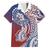 Hawaiian Manta Ray and Hammerhead Shark Tribal Tattoo Family Matching Off Shoulder Short Dress and Hawaiian Shirt with Polynesian Tribal Pattern Hawaii Flag Color LT03 Dad's Shirt - Short Sleeve Multicolor - Polynesian Pride