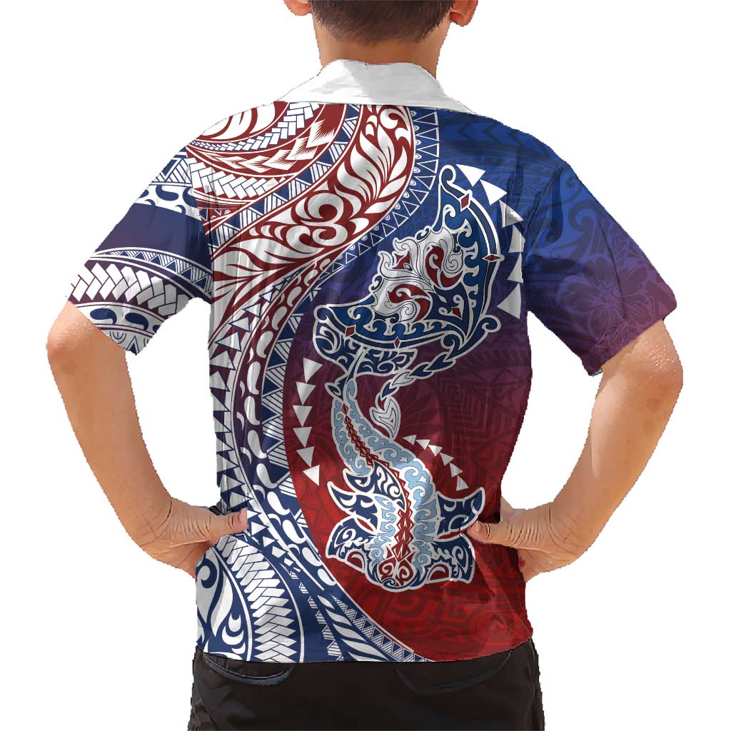 Hawaiian Manta Ray and Hammerhead Shark Tribal Tattoo Family Matching Puletasi and Hawaiian Shirt with Polynesian Tribal Pattern Hawaii Flag Color LT03 - Polynesian Pride