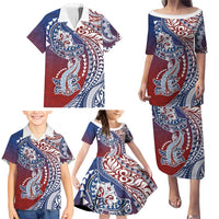 Hawaiian Manta Ray and Hammerhead Shark Tribal Tattoo Family Matching Puletasi and Hawaiian Shirt with Polynesian Tribal Pattern Hawaii Flag Color LT03 - Polynesian Pride