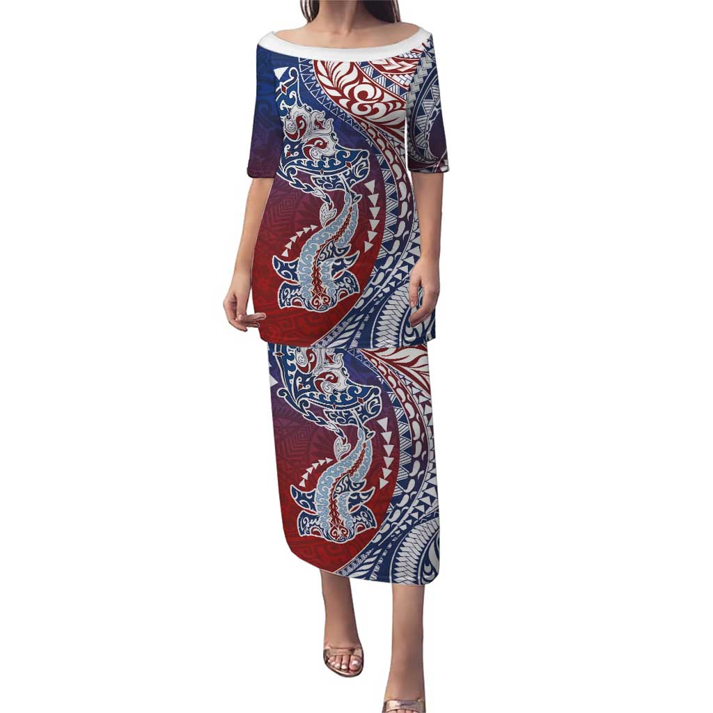 Hawaiian Manta Ray and Hammerhead Shark Tribal Tattoo Family Matching Puletasi and Hawaiian Shirt with Polynesian Tribal Pattern Hawaii Flag Color LT03 Mom's Dress Multicolor - Polynesian Pride