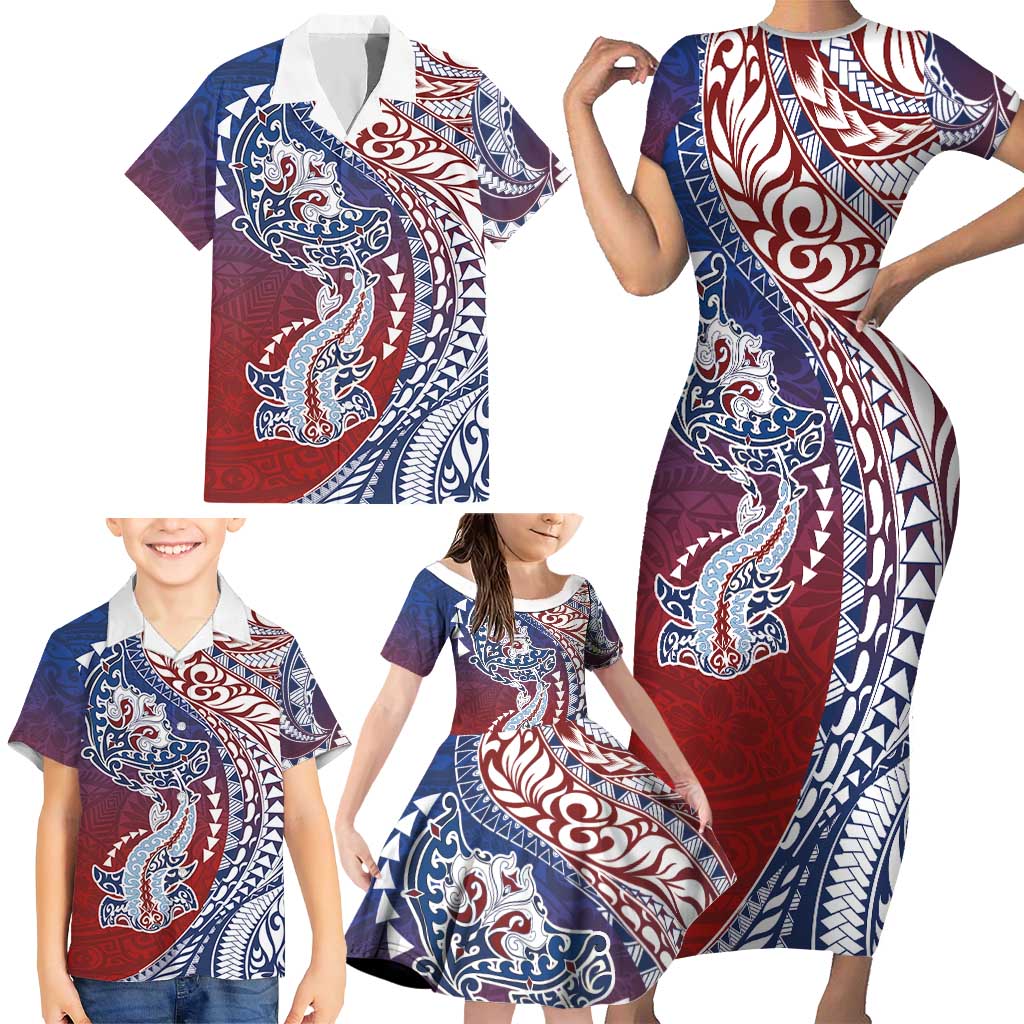 Hawaiian Manta Ray and Hammerhead Shark Tribal Tattoo Family Matching Short Sleeve Bodycon Dress and Hawaiian Shirt with Polynesian Tribal Pattern Hawaii Flag Color