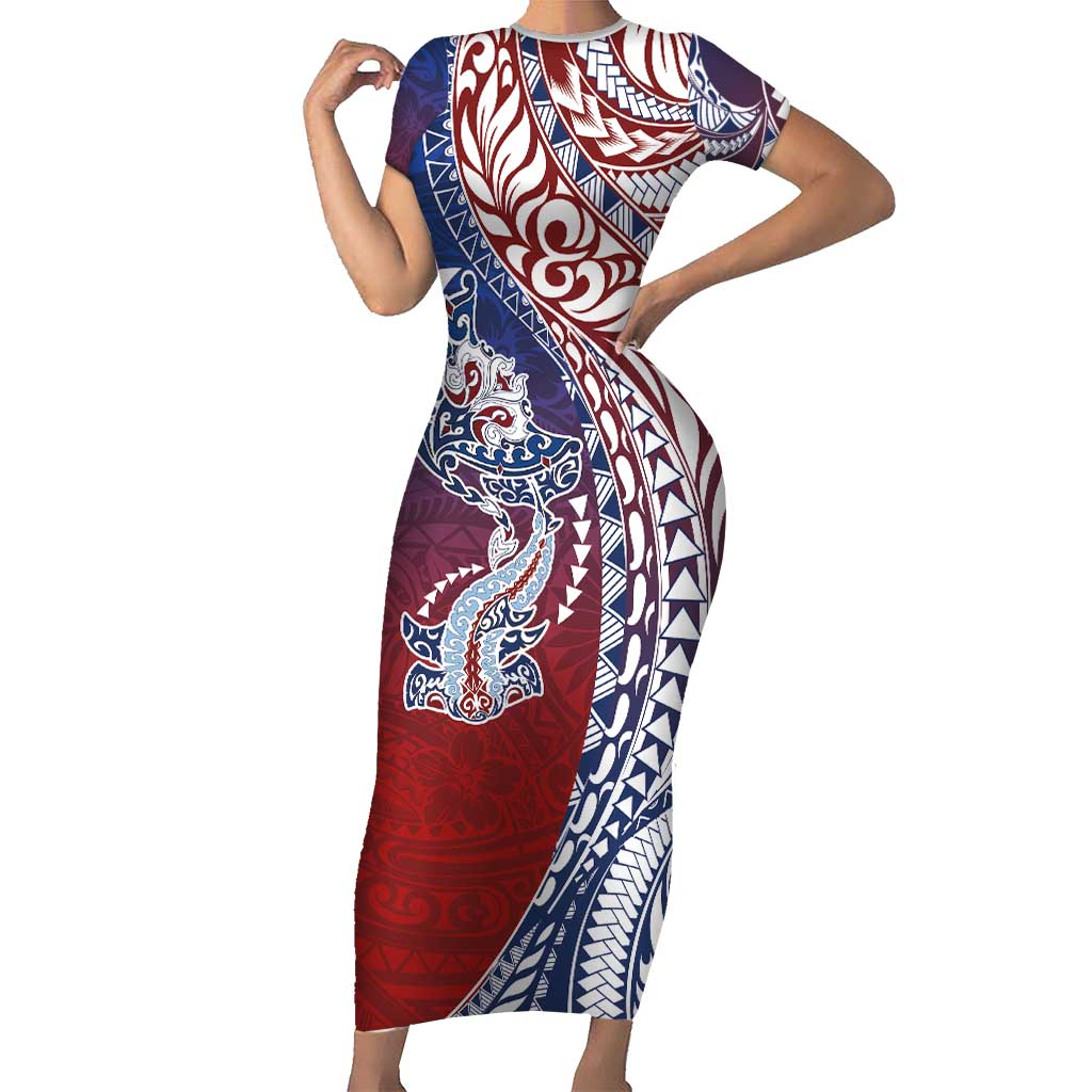 Hawaiian Manta Ray and Hammerhead Shark Tribal Tattoo Family Matching Short Sleeve Bodycon Dress and Hawaiian Shirt with Polynesian Tribal Pattern Hawaii Flag Color LT03 Mom's Dress Multicolor - Polynesian Pride