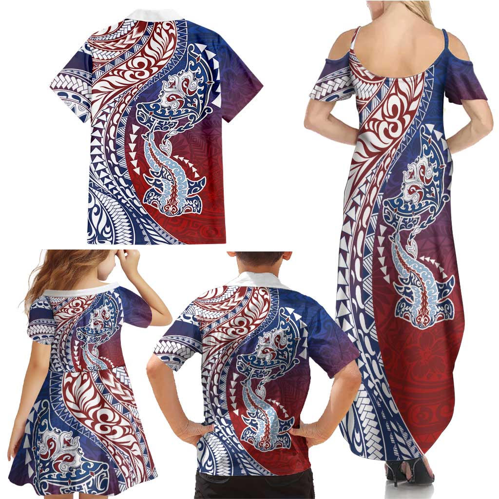 Hawaiian Manta Ray and Hammerhead Shark Tribal Tattoo Family Matching Summer Maxi Dress and Hawaiian Shirt with Polynesian Tribal Pattern Hawaii Flag Color LT03 - Polynesian Pride
