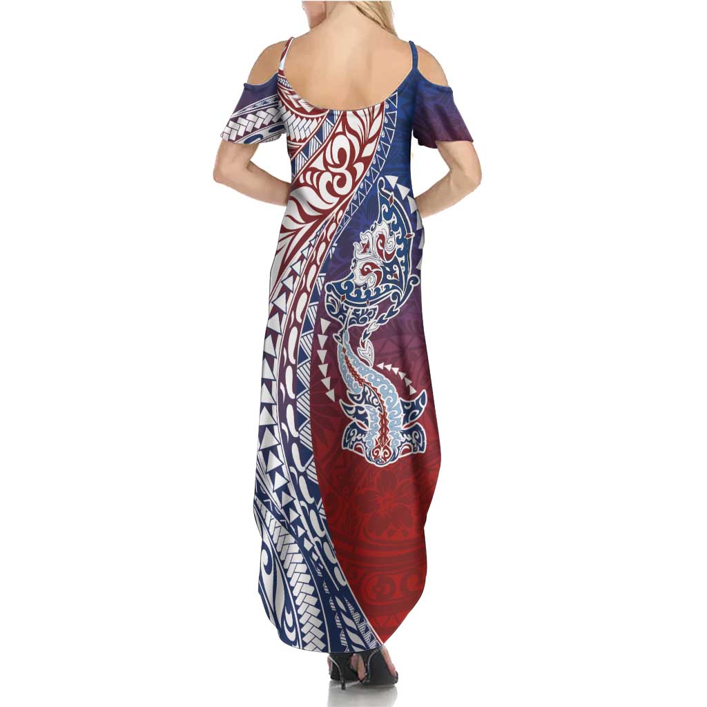 Hawaiian Manta Ray and Hammerhead Shark Tribal Tattoo Family Matching Summer Maxi Dress and Hawaiian Shirt with Polynesian Tribal Pattern Hawaii Flag Color LT03 - Polynesian Pride