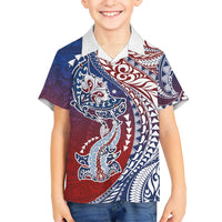 Hawaiian Manta Ray and Hammerhead Shark Tribal Tattoo Family Matching Summer Maxi Dress and Hawaiian Shirt with Polynesian Tribal Pattern Hawaii Flag Color LT03 Son's Shirt Multicolor - Polynesian Pride