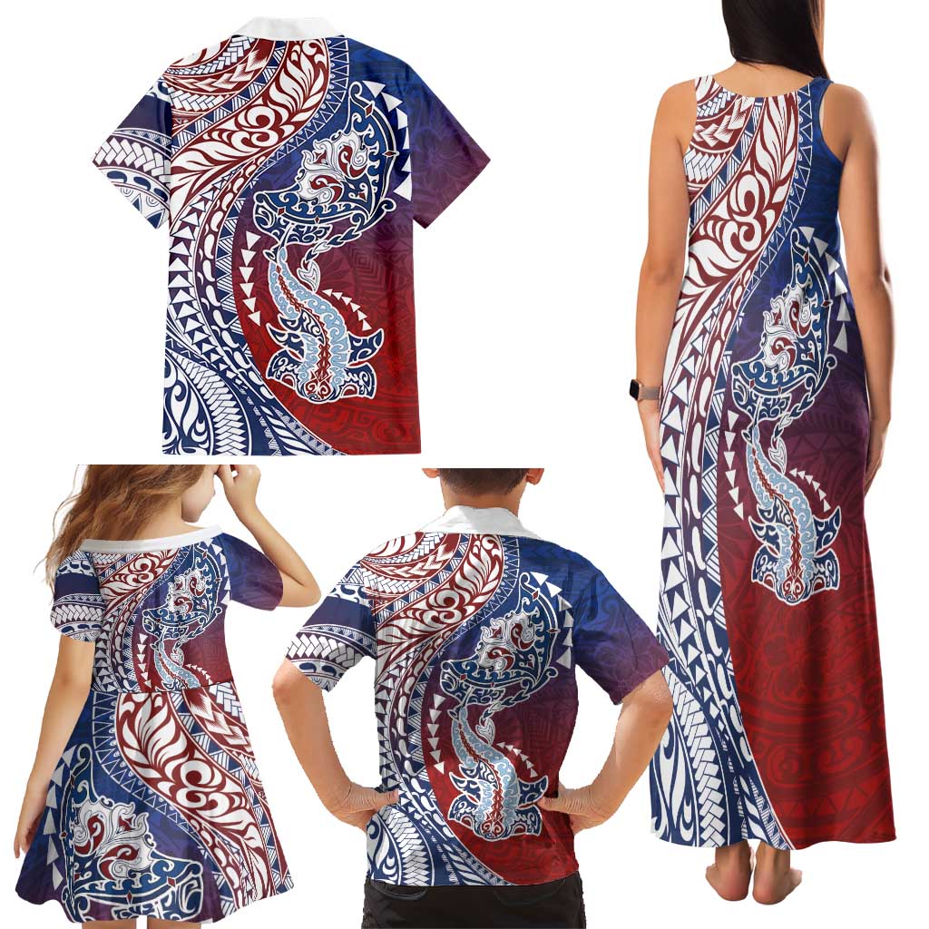 Hawaiian Manta Ray and Hammerhead Shark Tribal Tattoo Family Matching Tank Maxi Dress and Hawaiian Shirt with Polynesian Tribal Pattern Hawaii Flag Color LT03 - Polynesian Pride