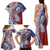 Hawaiian Manta Ray and Hammerhead Shark Tribal Tattoo Family Matching Tank Maxi Dress and Hawaiian Shirt with Polynesian Tribal Pattern Hawaii Flag Color LT03 - Polynesian Pride