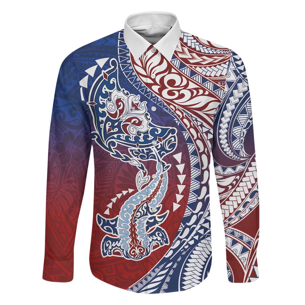 Hawaiian Manta Ray and Hammerhead Shark Tribal Tattoo Family Matching Tank Maxi Dress and Hawaiian Shirt with Polynesian Tribal Pattern Hawaii Flag Color LT03 Dad's Shirt - Long Sleeve Multicolor - Polynesian Pride