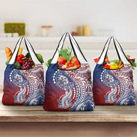 Hawaiian Manta Ray and Hammerhead Shark Tribal Tattoo Grocery Bag with Polynesian Tribal Pattern Hawaii Flag Color