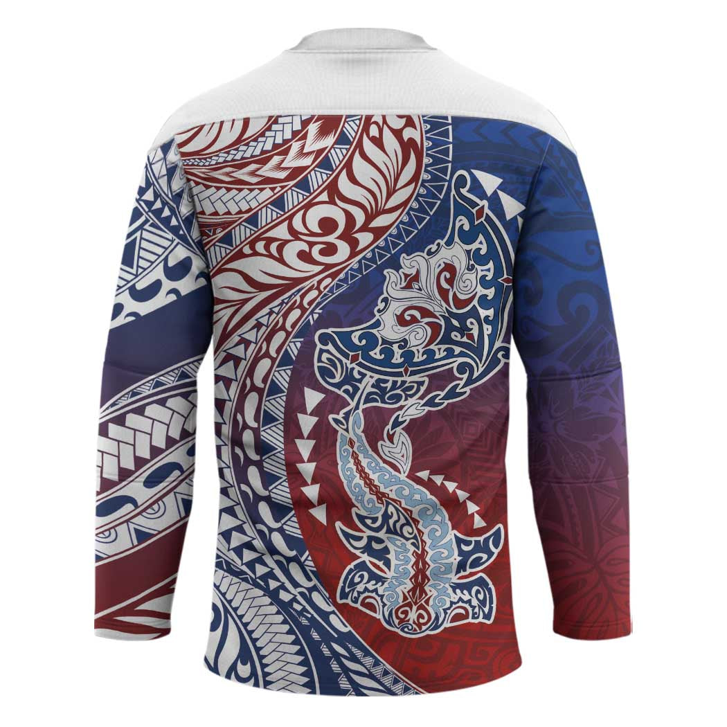 Hawaiian Manta Ray and Hammerhead Shark Tribal Tattoo Hockey Jersey with Polynesian Tribal Pattern Hawaii Flag Color