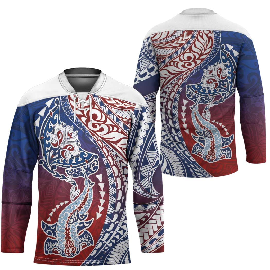 Hawaiian Manta Ray and Hammerhead Shark Tribal Tattoo Hockey Jersey with Polynesian Tribal Pattern Hawaii Flag Color