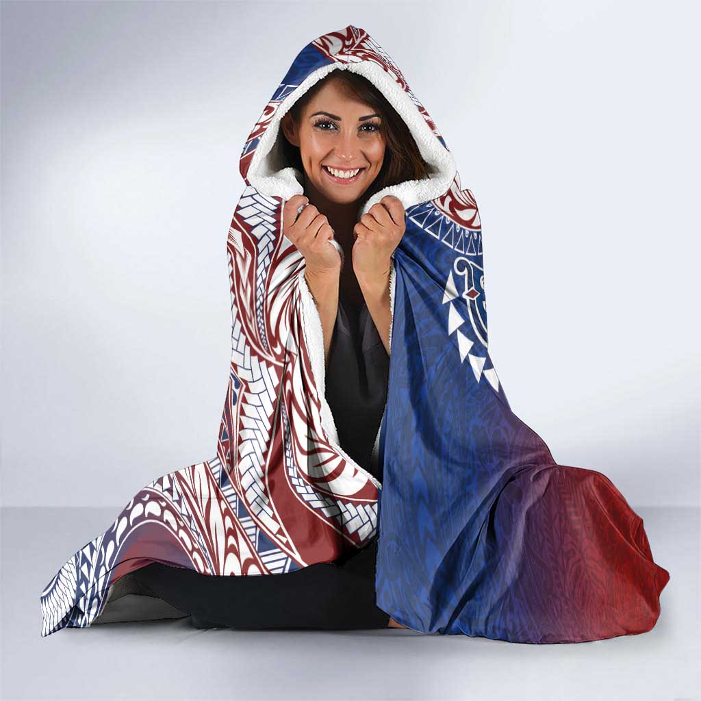 Hawaiian Manta Ray and Hammerhead Shark Tribal Tattoo Hooded Blanket with Polynesian Tribal Pattern Hawaii Flag Color