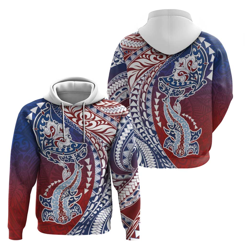 Hawaiian Manta Ray and Hammerhead Shark Tribal Tattoo Hoodie with Polynesian Tribal Pattern Hawaii Flag Color