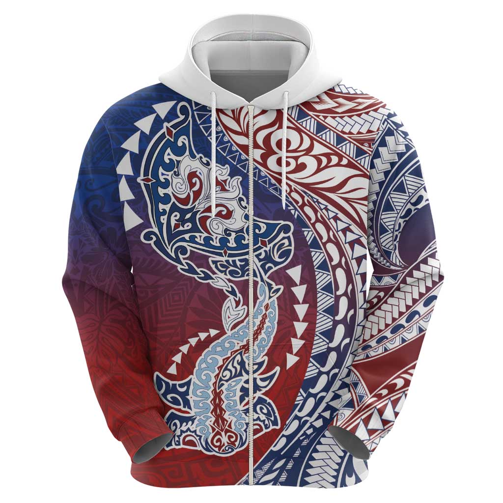 Hawaiian Manta Ray and Hammerhead Shark Tribal Tattoo Hoodie with Polynesian Tribal Pattern Hawaii Flag Color