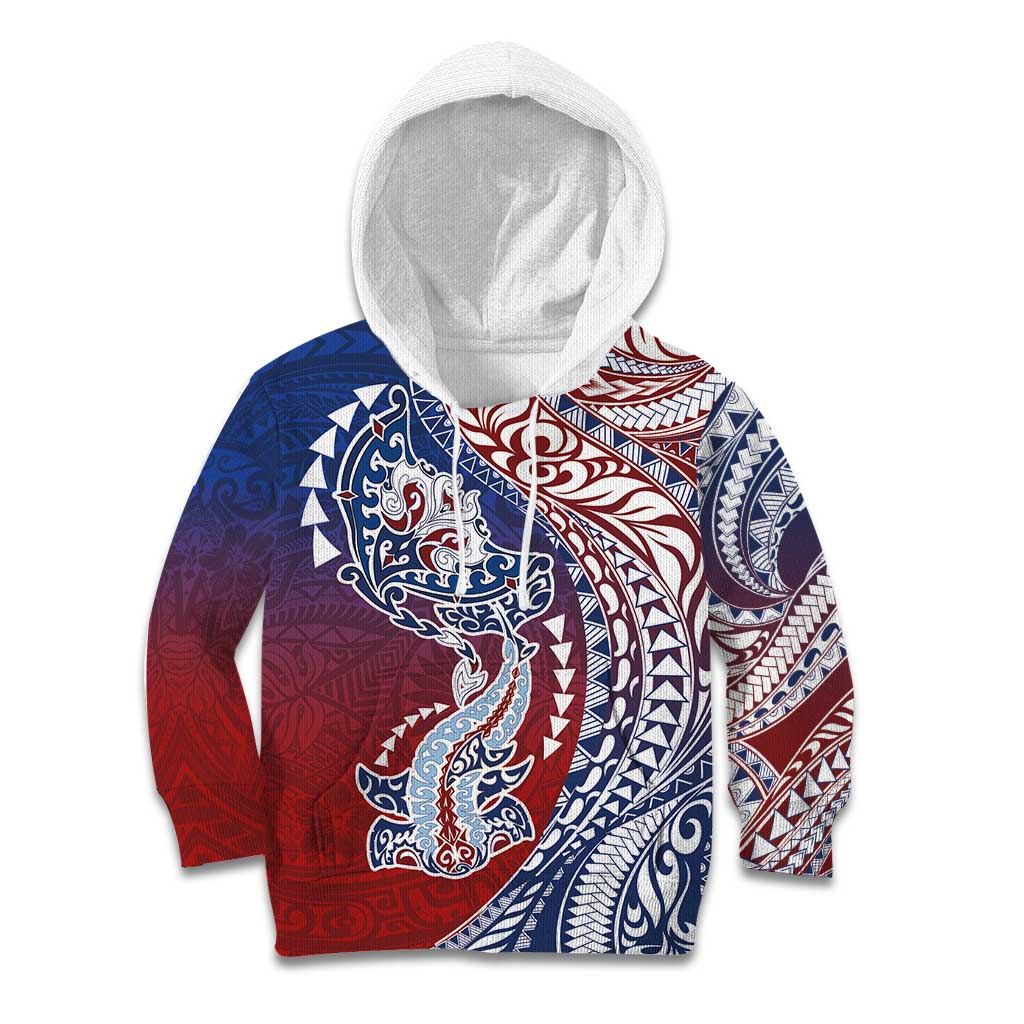 Hawaiian Manta Ray and Hammerhead Shark Tribal Tattoo Kid Hoodie with Polynesian Tribal Pattern Hawaii Flag Color