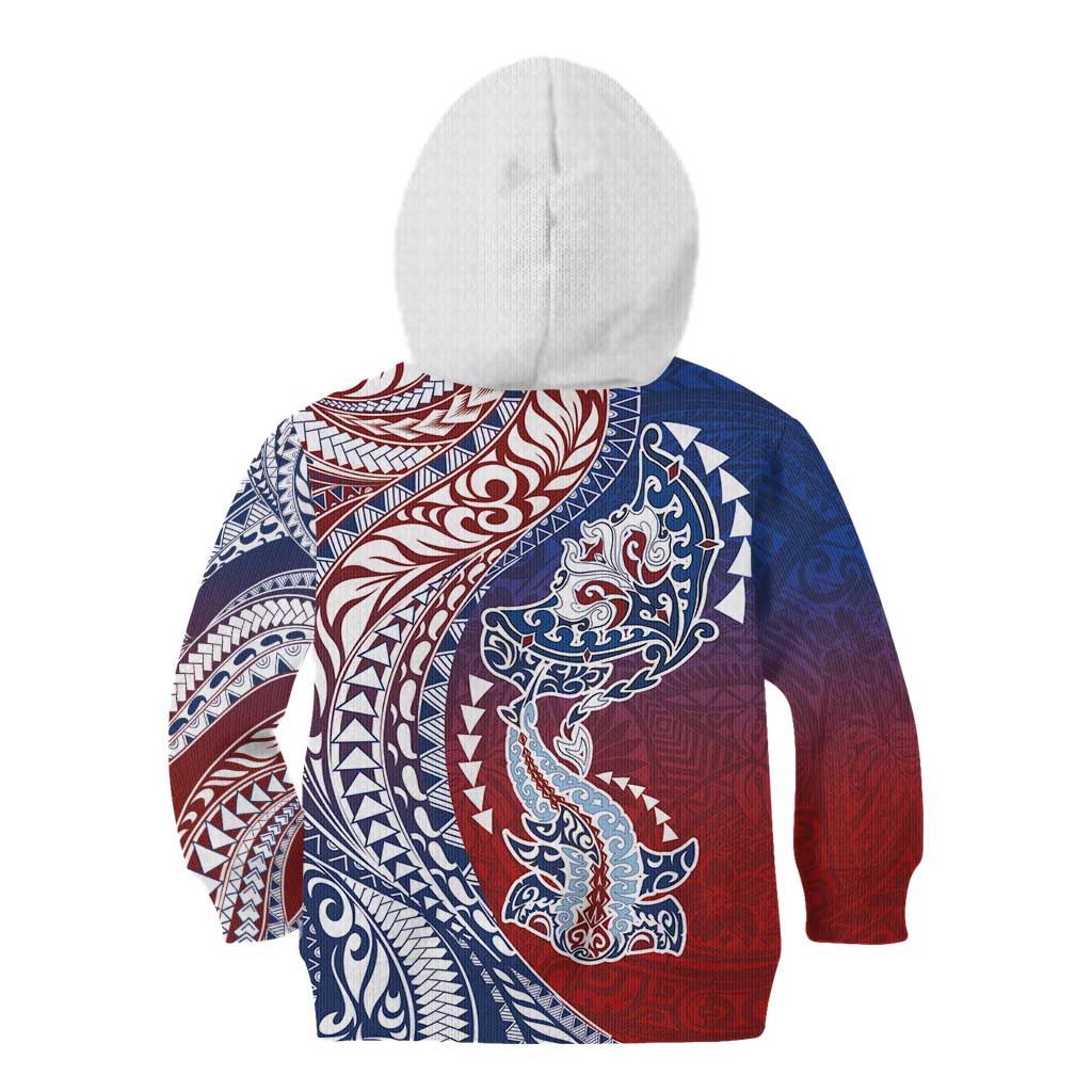 Hawaiian Manta Ray and Hammerhead Shark Tribal Tattoo Kid Hoodie with Polynesian Tribal Pattern Hawaii Flag Color