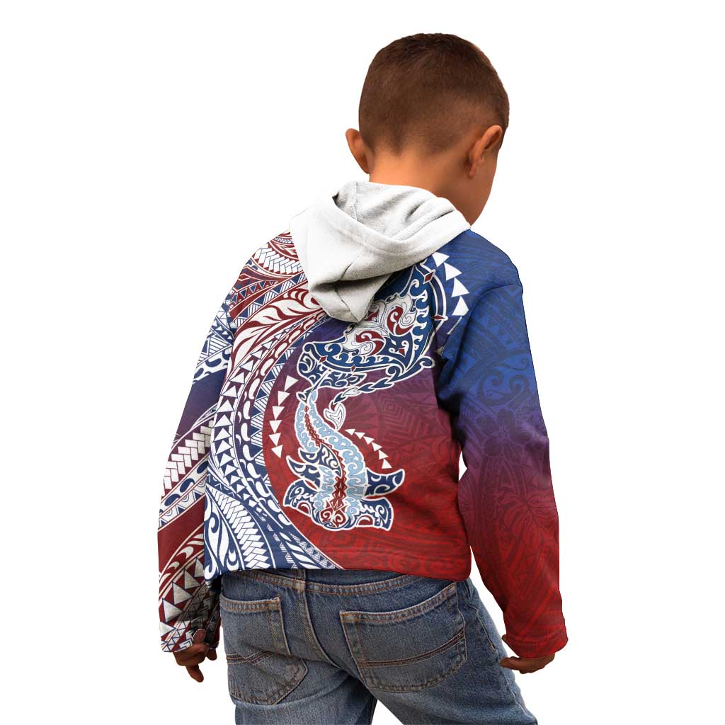 Hawaiian Manta Ray and Hammerhead Shark Tribal Tattoo Kid Hoodie with Polynesian Tribal Pattern Hawaii Flag Color