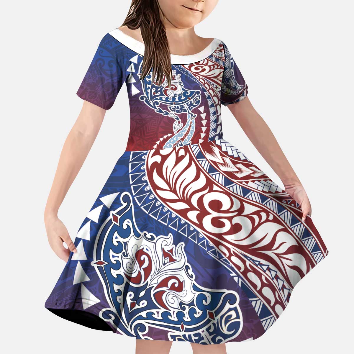 Hawaiian Manta Ray and Hammerhead Shark Tribal Tattoo Kid Short Sleeve Dress with Polynesian Tribal Pattern Hawaii Flag Color LT03 KID Multicolor - Polynesian Pride