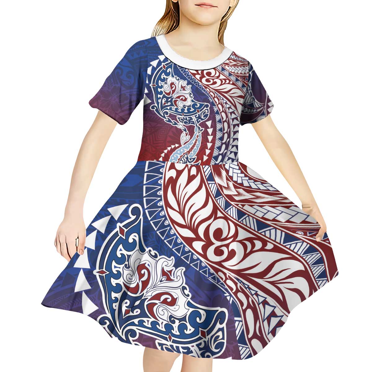 Hawaiian Manta Ray and Hammerhead Shark Tribal Tattoo Kid Short Sleeve Dress with Polynesian Tribal Pattern Hawaii Flag Color LT03 - Polynesian Pride