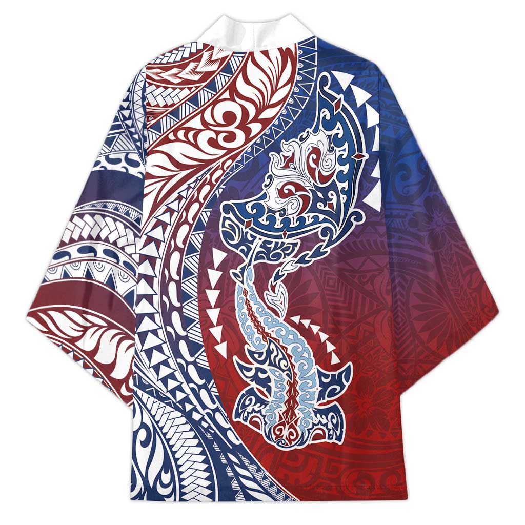 Hawaiian Manta Ray and Hammerhead Shark Tribal Tattoo Kimono with Polynesian Tribal Pattern Hawaii Flag Color