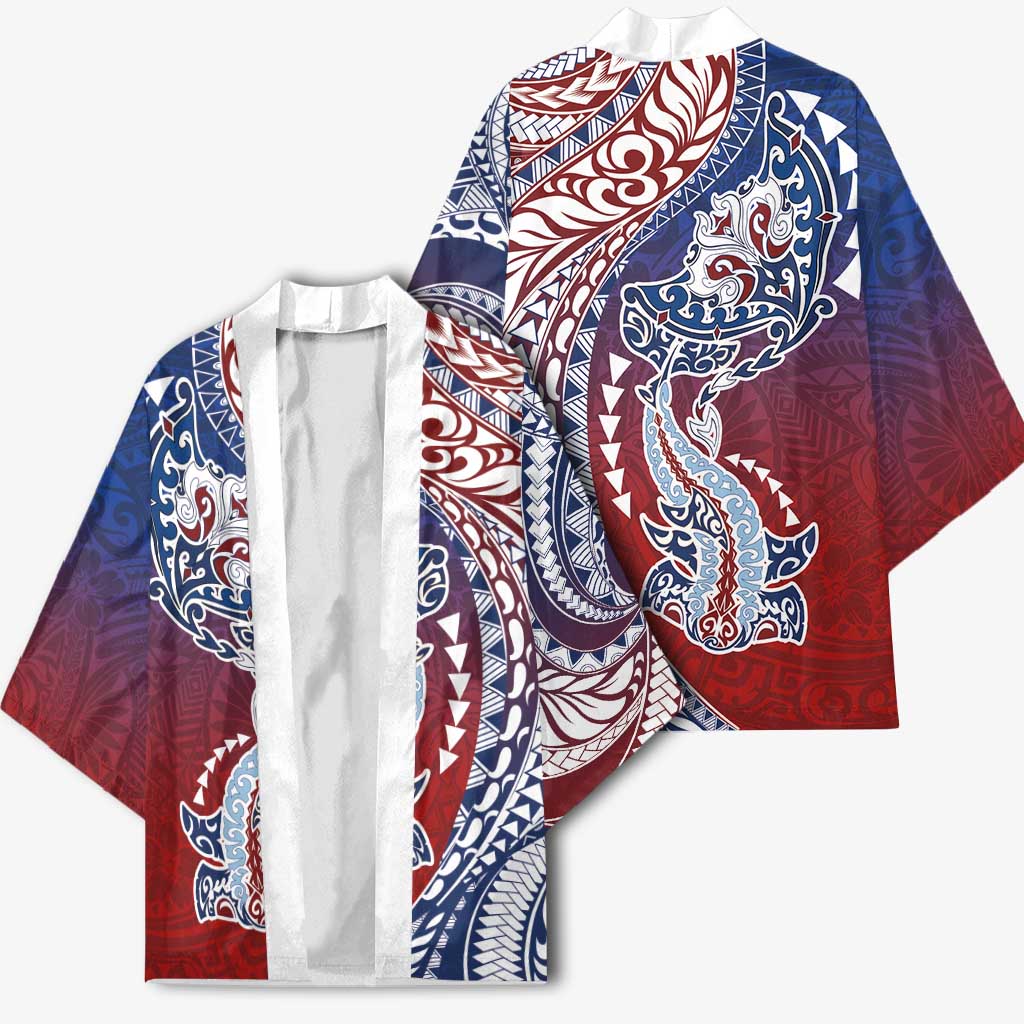 Hawaiian Manta Ray and Hammerhead Shark Tribal Tattoo Kimono with Polynesian Tribal Pattern Hawaii Flag Color
