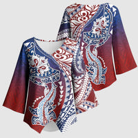 Hawaiian Manta Ray and Hammerhead Shark Tribal Tattoo Kimono Sleeve Blouse with Polynesian Tribal Pattern Hawaii Flag Color