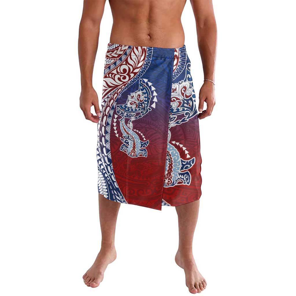 Hawaiian Manta Ray and Hammerhead Shark Tribal Tattoo Lavalava with Polynesian Tribal Pattern Hawaii Flag Color