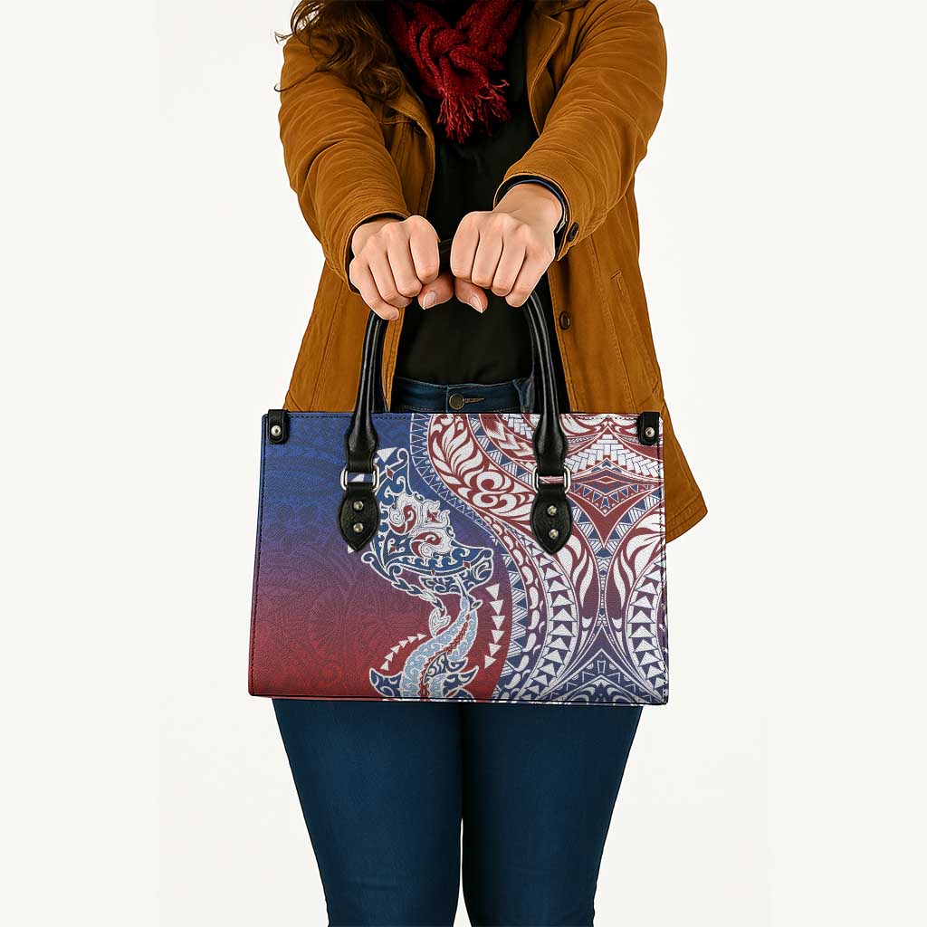 Hawaiian Manta Ray and Hammerhead Shark Tribal Tattoo Leather Bag with Polynesian Tribal Pattern Hawaii Flag Color