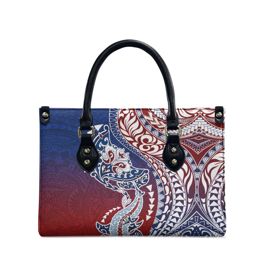 Hawaiian Manta Ray and Hammerhead Shark Tribal Tattoo Leather Bag with Polynesian Tribal Pattern Hawaii Flag Color