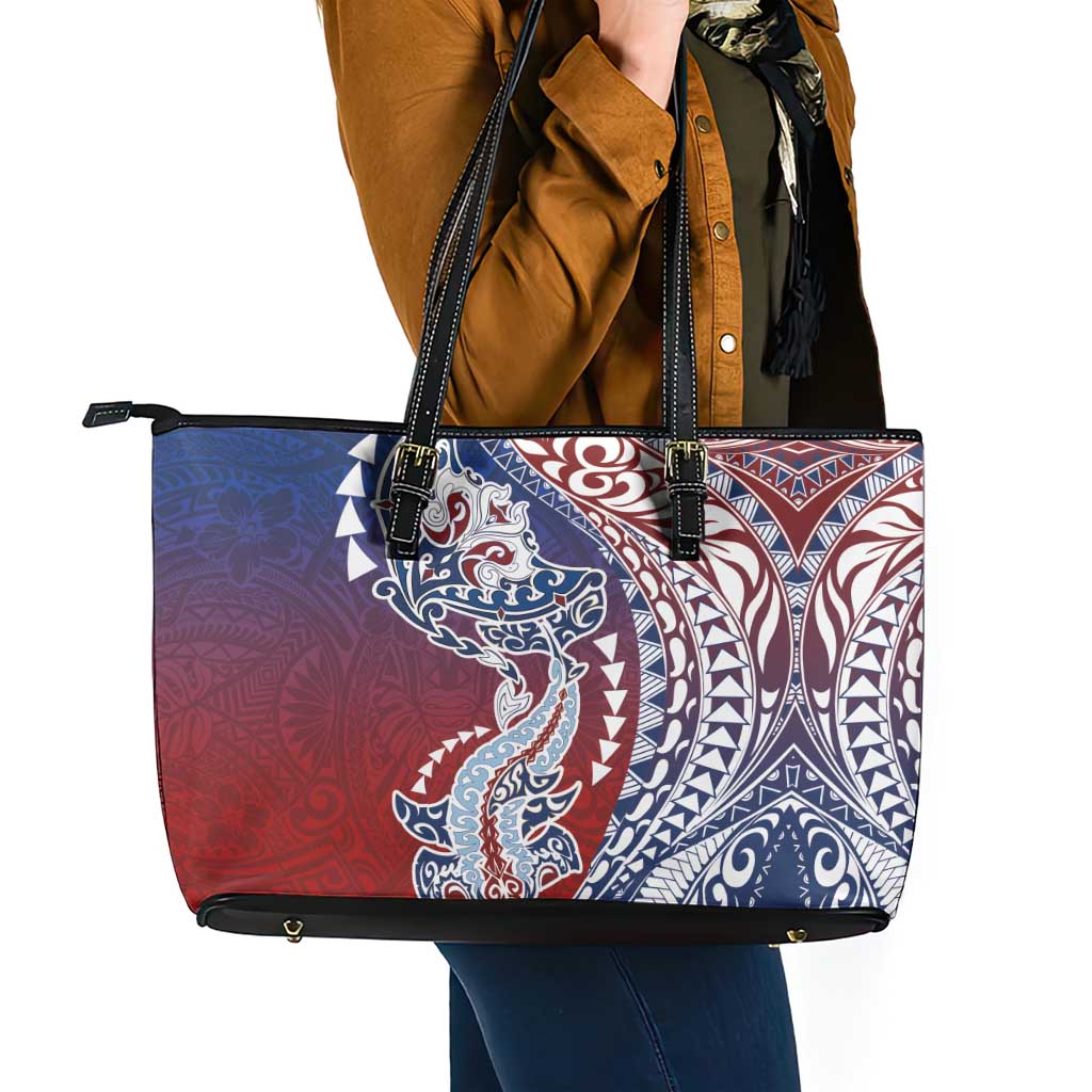 Hawaiian Manta Ray and Hammerhead Shark Tribal Tattoo Leather Tote Bag with Polynesian Tribal Pattern Hawaii Flag Color
