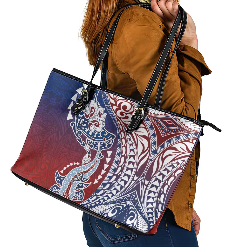 Hawaiian Manta Ray and Hammerhead Shark Tribal Tattoo Leather Tote Bag with Polynesian Tribal Pattern Hawaii Flag Color