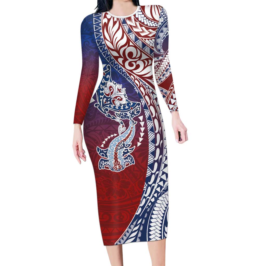 Hawaiian Manta Ray and Hammerhead Shark Tribal Tattoo Long Sleeve Bodycon Dress with Polynesian Tribal Pattern Hawaii Flag Color