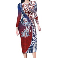Hawaiian Manta Ray and Hammerhead Shark Tribal Tattoo Long Sleeve Bodycon Dress with Polynesian Tribal Pattern Hawaii Flag Color LT03 Long Dress Multicolor - Polynesian Pride