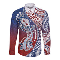 Hawaiian Manta Ray and Hammerhead Shark Tribal Tattoo Long Sleeve Button Shirt with Polynesian Tribal Pattern Hawaii Flag Color