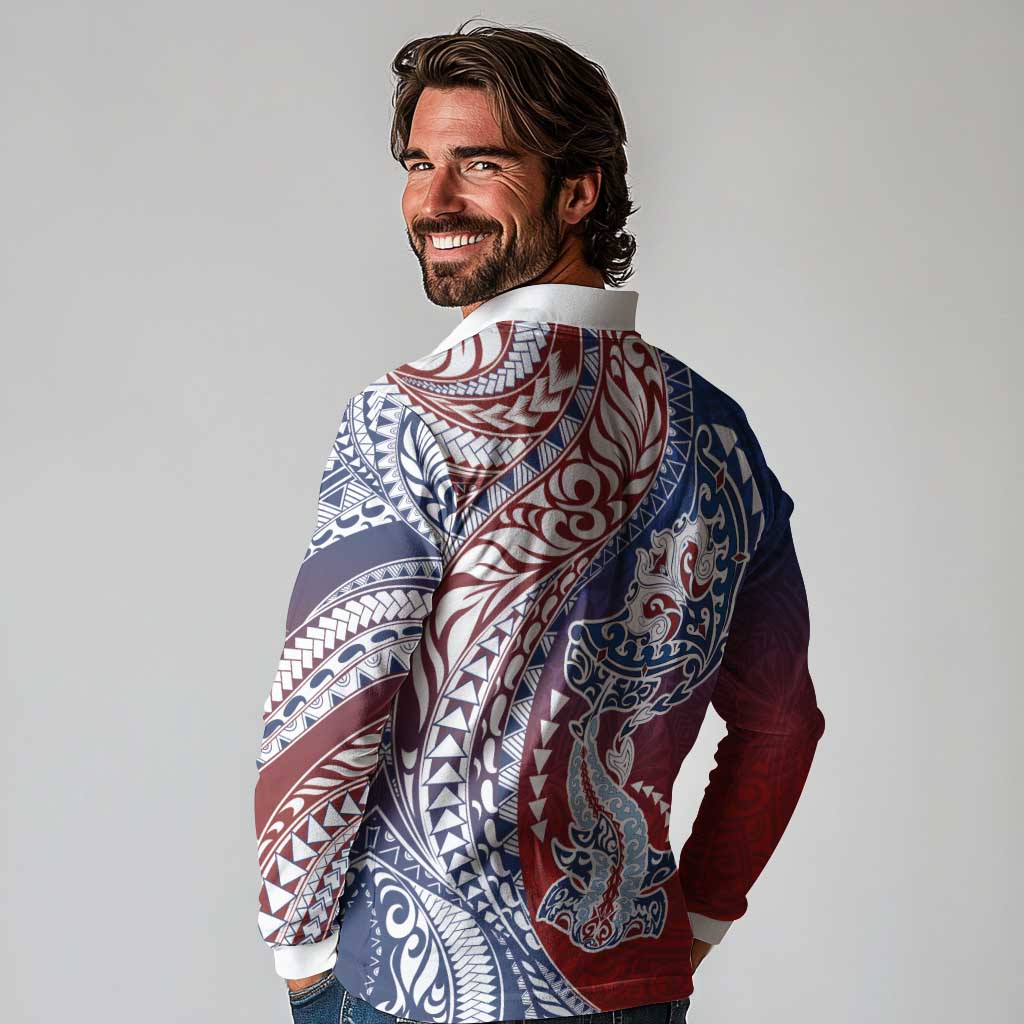 Hawaiian Manta Ray and Hammerhead Shark Tribal Tattoo Long Sleeve Polo Shirt with Polynesian Tribal Pattern Hawaii Flag Color LT03 - Polynesian Pride
