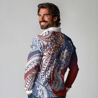 Hawaiian Manta Ray and Hammerhead Shark Tribal Tattoo Long Sleeve Polo Shirt with Polynesian Tribal Pattern Hawaii Flag Color LT03 - Polynesian Pride