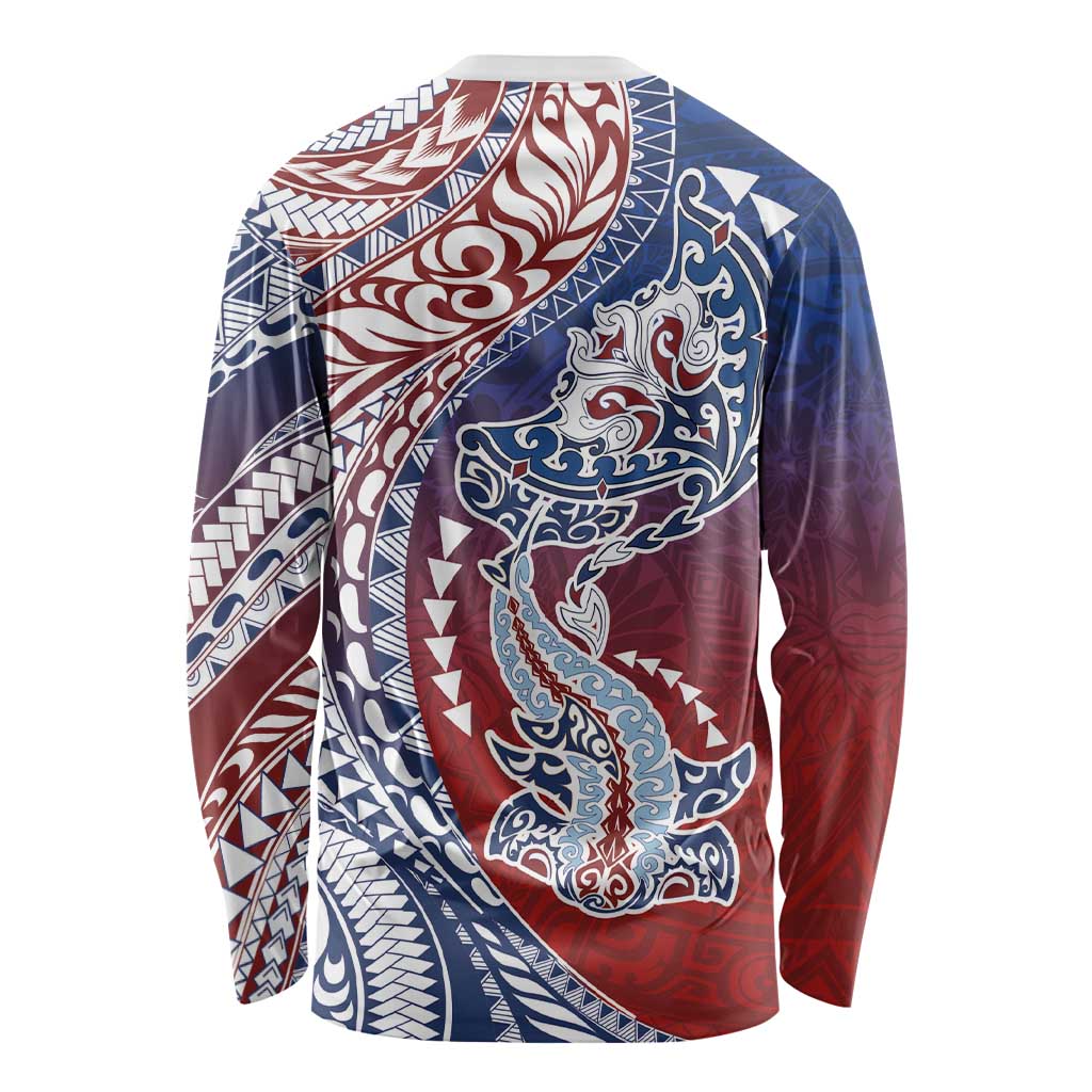 Hawaiian Manta Ray and Hammerhead Shark Tribal Tattoo Long Sleeve Shirt with Polynesian Tribal Pattern Hawaii Flag Color
