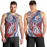 Hawaiian Manta Ray and Hammerhead Shark Tribal Tattoo Men Tank Top with Polynesian Tribal Pattern Hawaii Flag Color