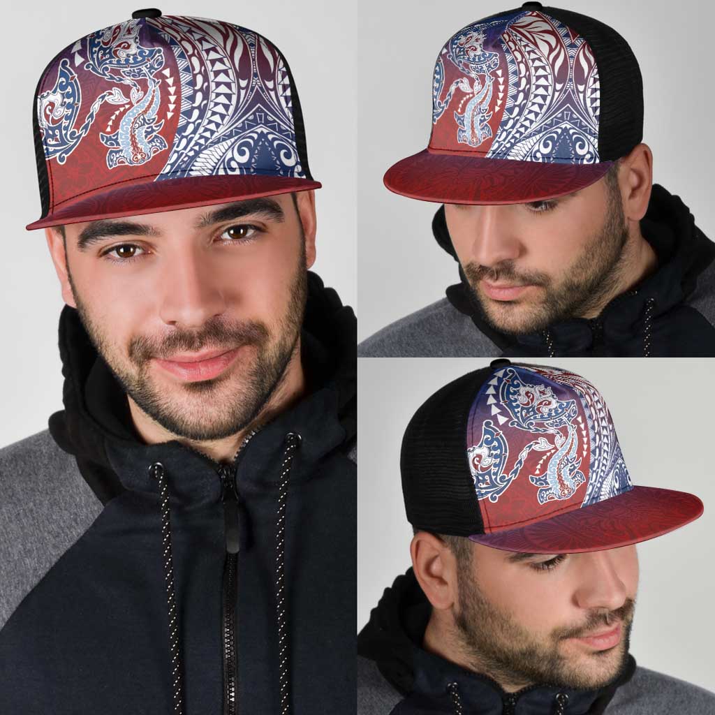 Hawaiian Manta Ray and Hammerhead Shark Tribal Tattoo Mesh Trucker Cap with Polynesian Tribal Pattern Hawaii Flag Color