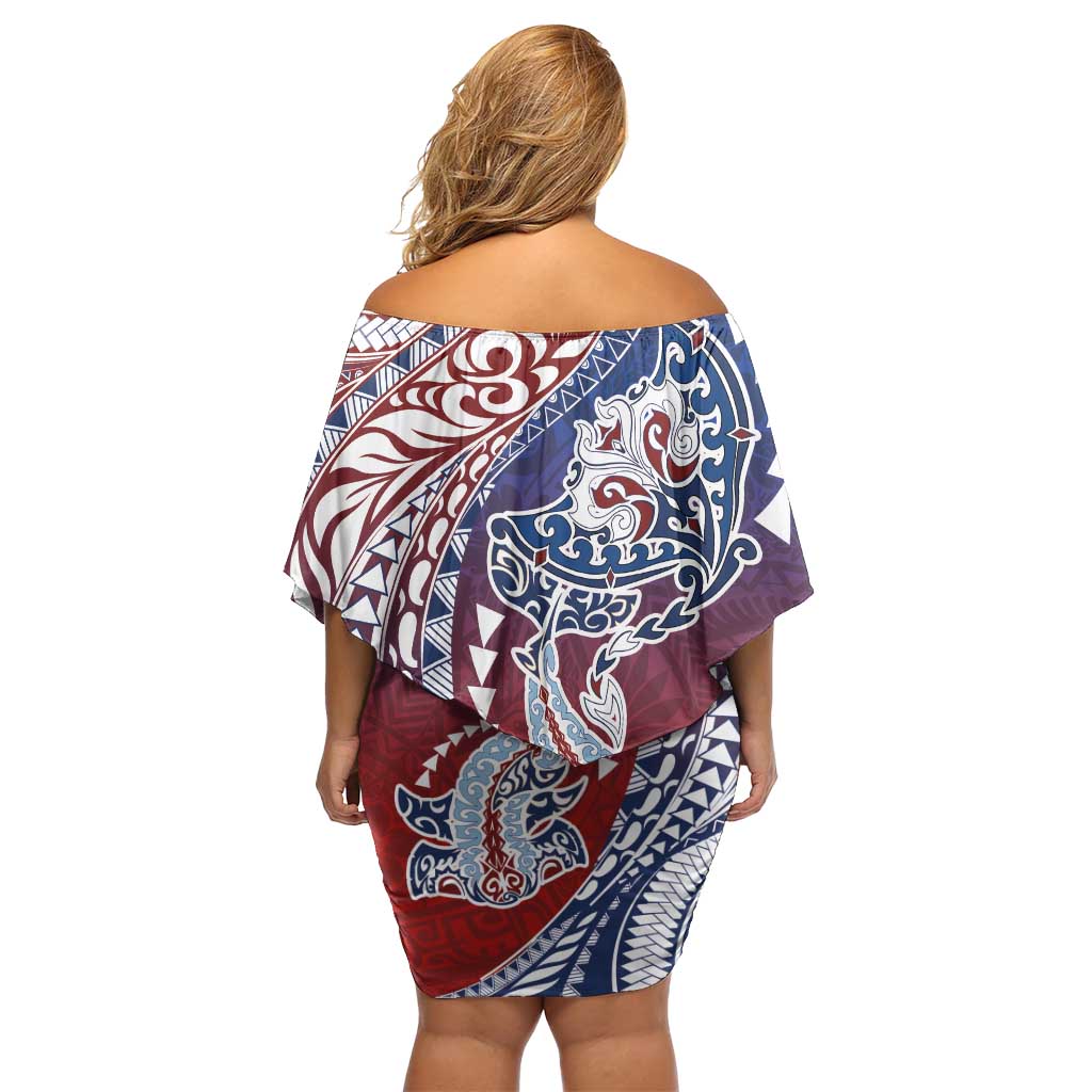 Hawaiian Manta Ray and Hammerhead Shark Tribal Tattoo Off Shoulder Short Dress with Polynesian Tribal Pattern Hawaii Flag Color