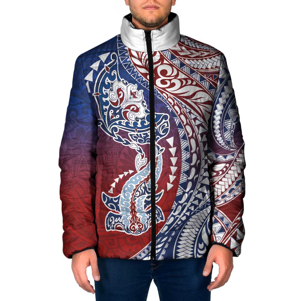 Hawaiian Manta Ray and Hammerhead Shark Tribal Tattoo Padded Jacket with Polynesian Tribal Pattern Hawaii Flag Color