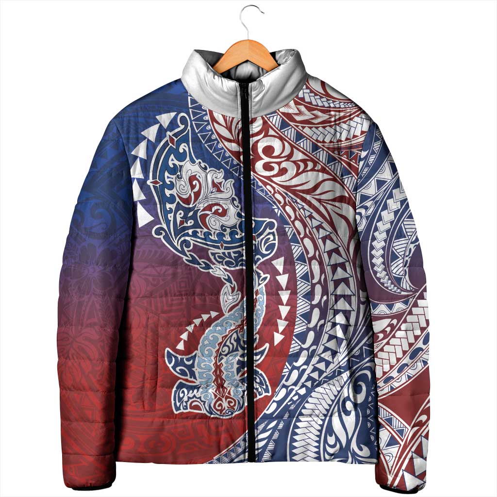 Hawaiian Manta Ray and Hammerhead Shark Tribal Tattoo Padded Jacket with Polynesian Tribal Pattern Hawaii Flag Color
