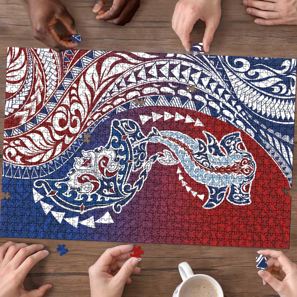 Hawaiian Manta Ray and Hammerhead Shark Tribal Tattoo Puzzle with Polynesian Tribal Pattern Hawaii Flag Color