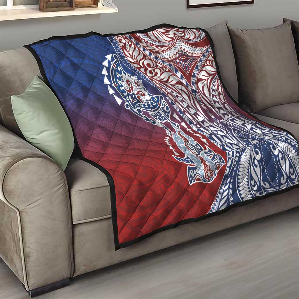 Hawaiian Manta Ray and Hammerhead Shark Tribal Tattoo Quilt with Polynesian Tribal Pattern Hawaii Flag Color